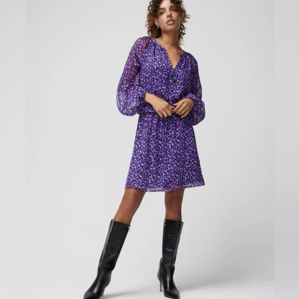 Blouson Dress Violet Gold Metallic Paint Polka Dot XS